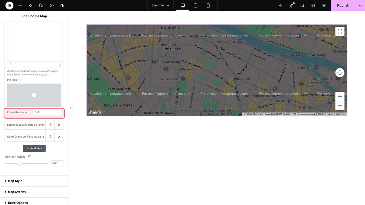 How to add custom marker in Google Maps in Elementor? Image resolution dropdown under the pin icon field