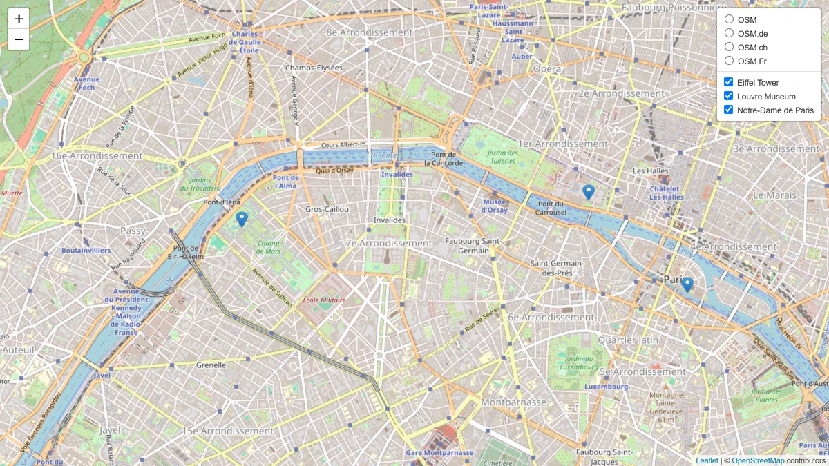 Published page showing an openstreetmap map with three markers and the layers box