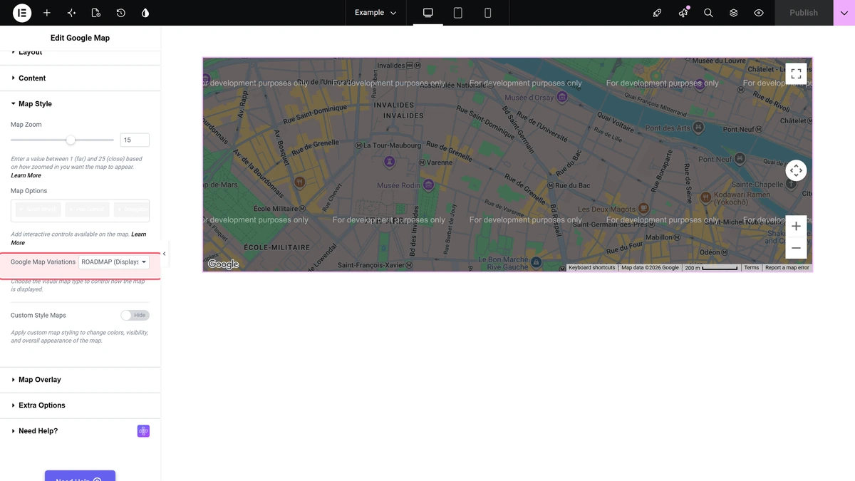 Google map variations dropdown in the map style section, set to roadmap