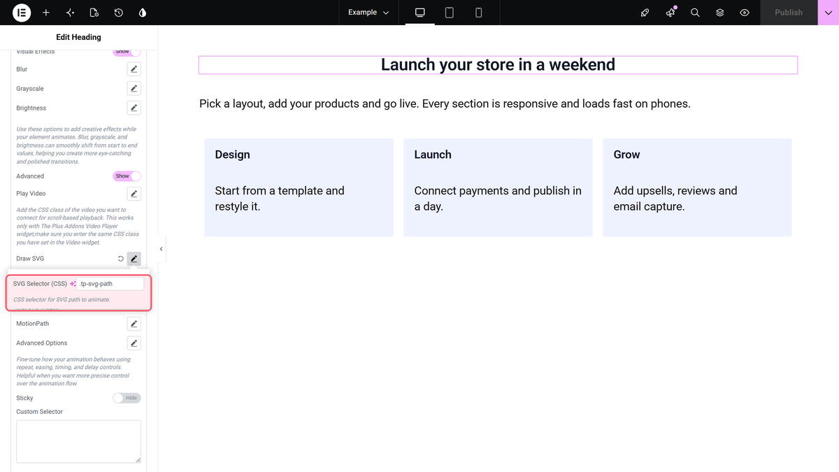 How to Use GSAP Animation in Elementor? The draw svg popover with the svg selector (css) field
