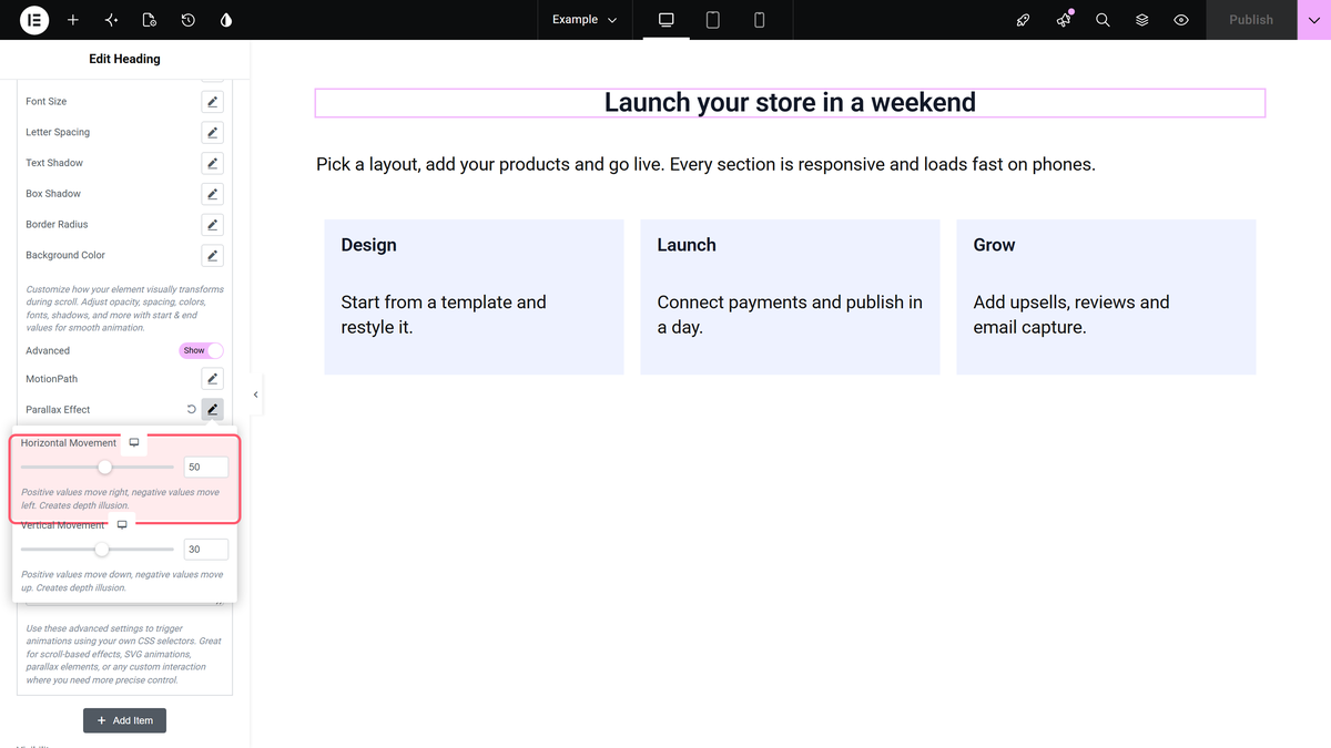 How to Use GSAP Animation in Elementor? The parallax effect popover with horizontal movement and vertical movement, shown on a frame whose trigger is on hover