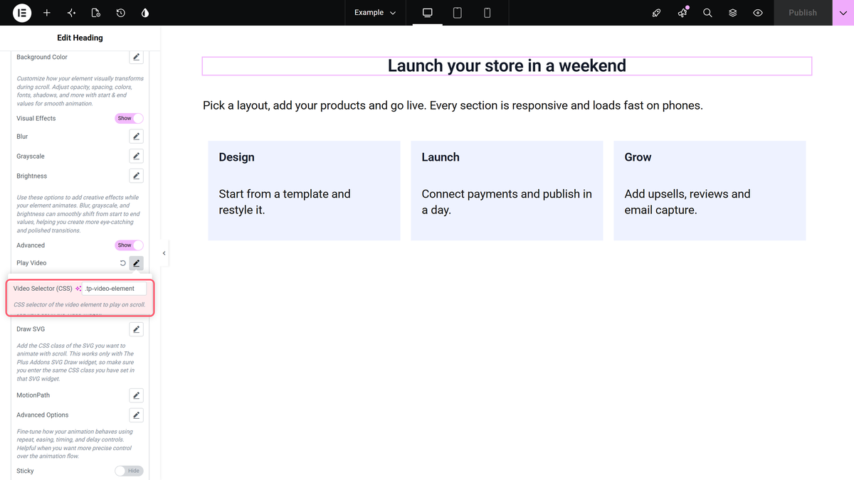 How to Use GSAP Animation in Elementor? The play video popover with the video selector (css) field