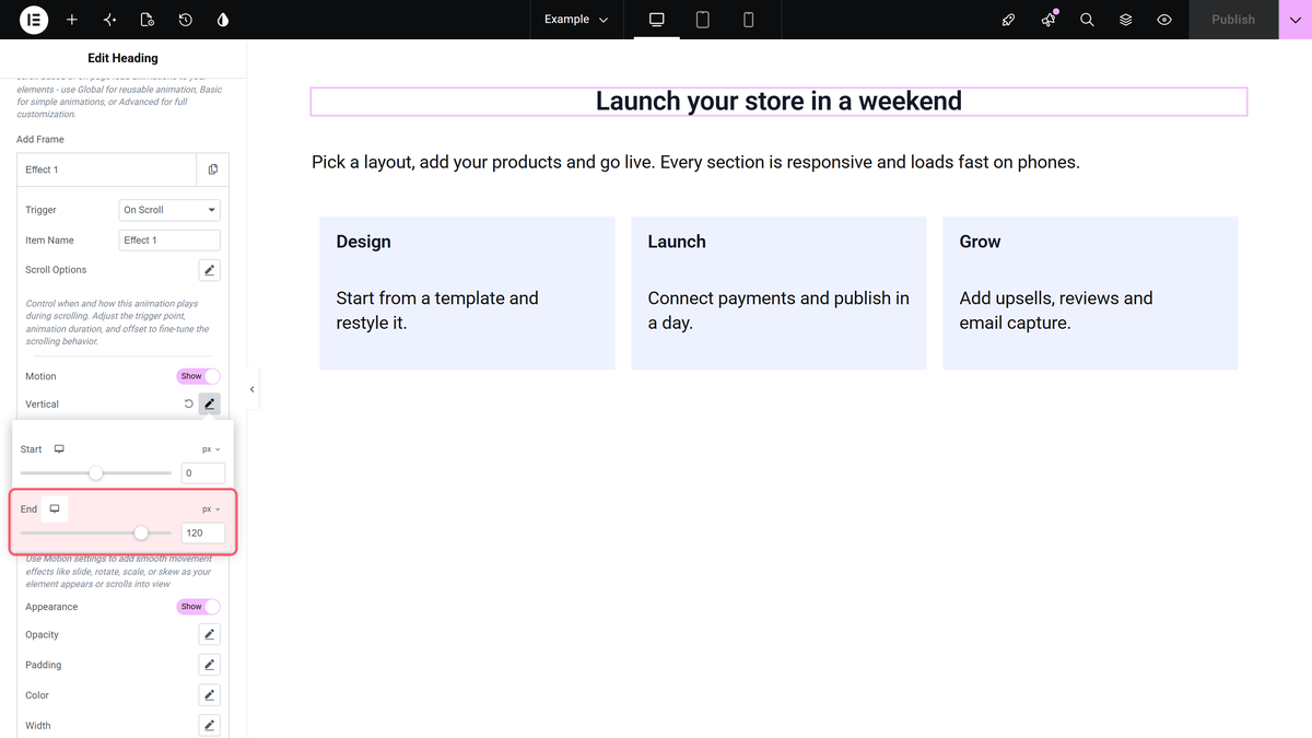 How to Use GSAP Animation in Elementor? The vertical popover of a motion frame with start and end values