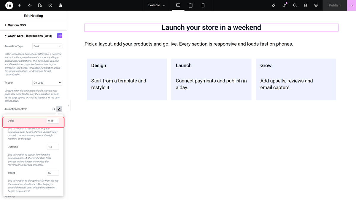 How to Use GSAP Animation in Elementor? The animation controls popover with delay 0. 15, duration 1. 5 and offset 50