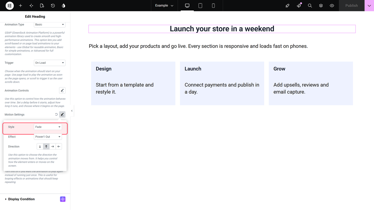 How to Use GSAP Animation in Elementor? The motion settings popover with style, effect and the four direction arrows
