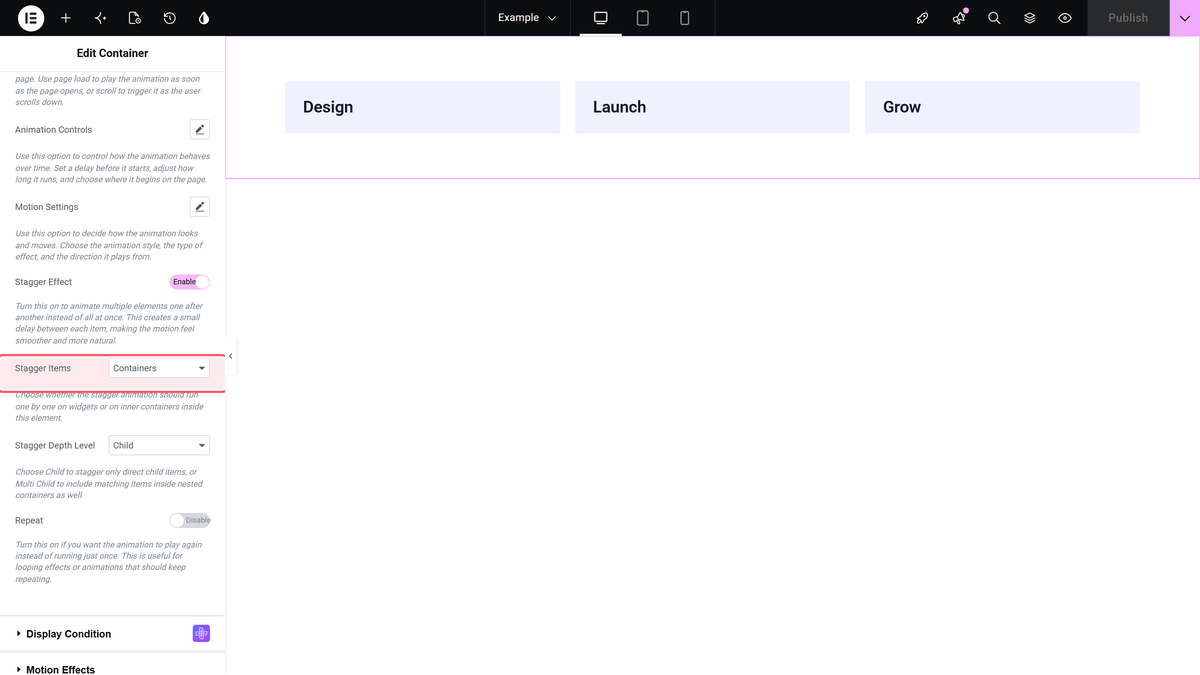 How to Use GSAP Animation in Elementor? The stagger effect switch turned on with stagger items and stagger depth level below it