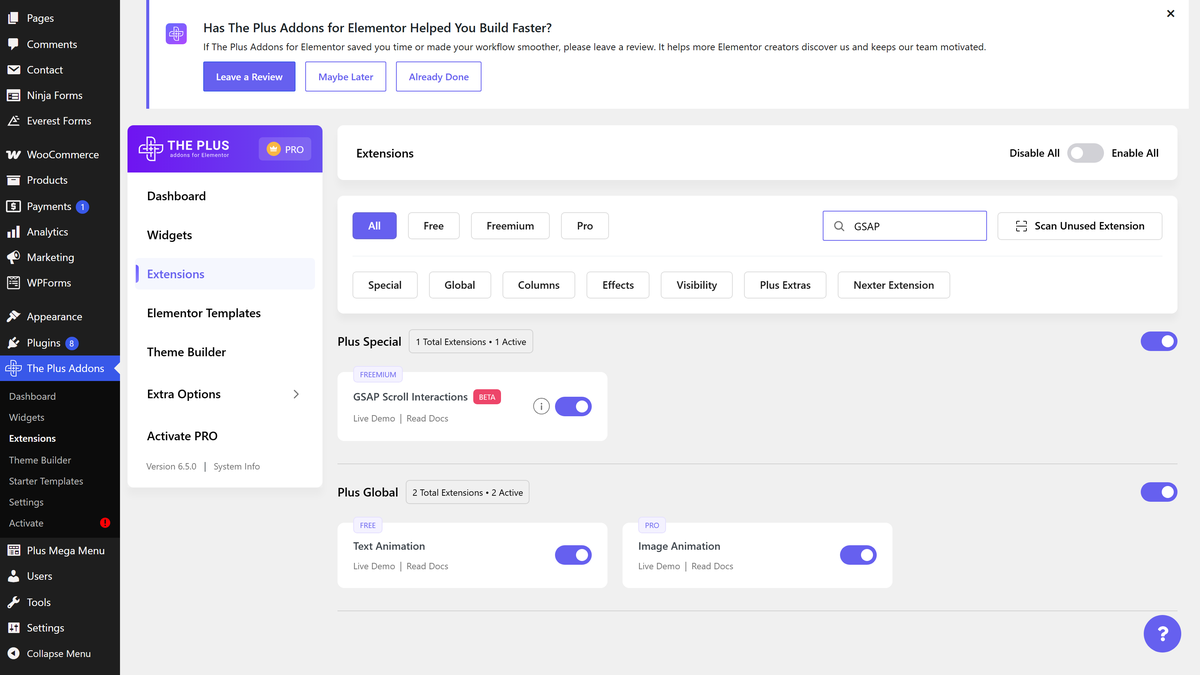 How to Use GSAP Animation in Elementor? The plus addons extensions screen with the gsap scroll interactions card found by search and its toggle turned on