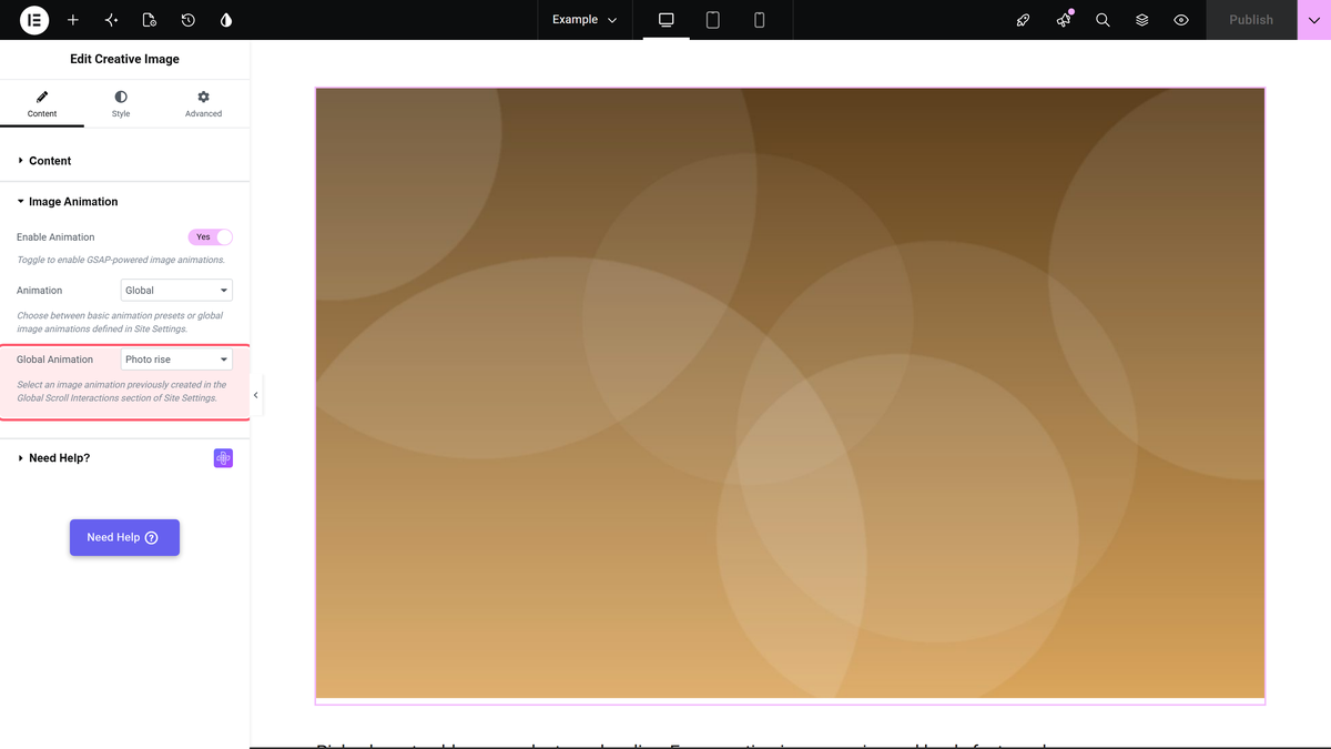 The image animation section of a creative image widget with animation set to global and a saved animation chosen