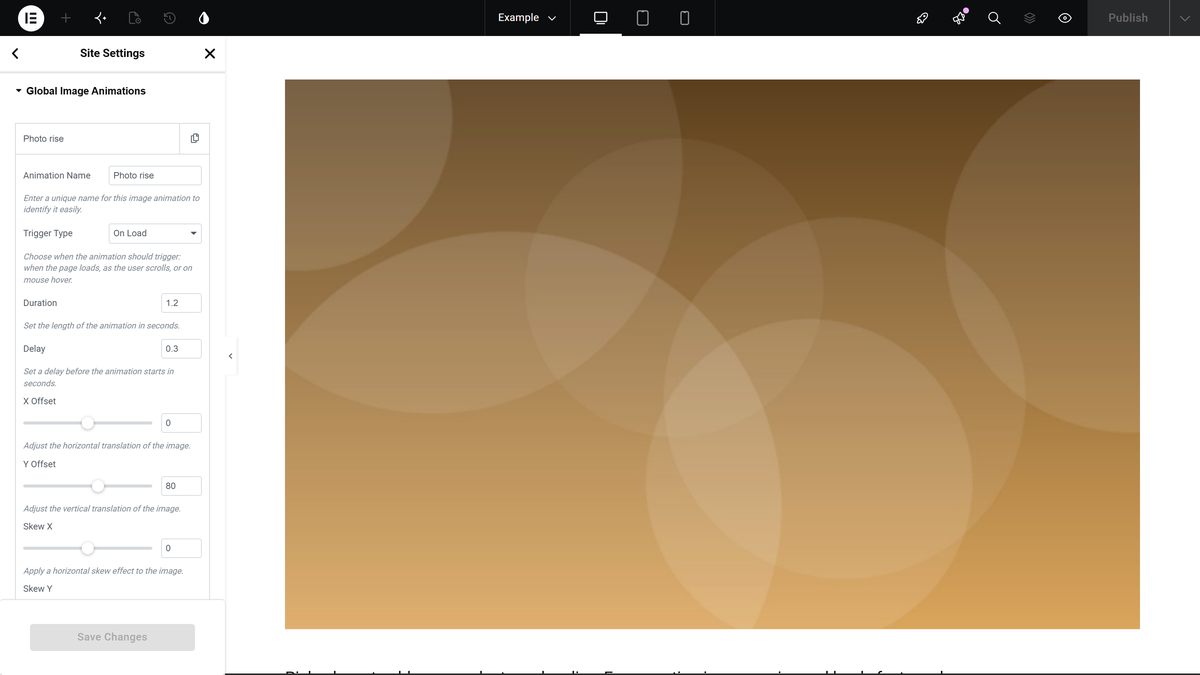 The global image animations tab of site settings with a saved animation open