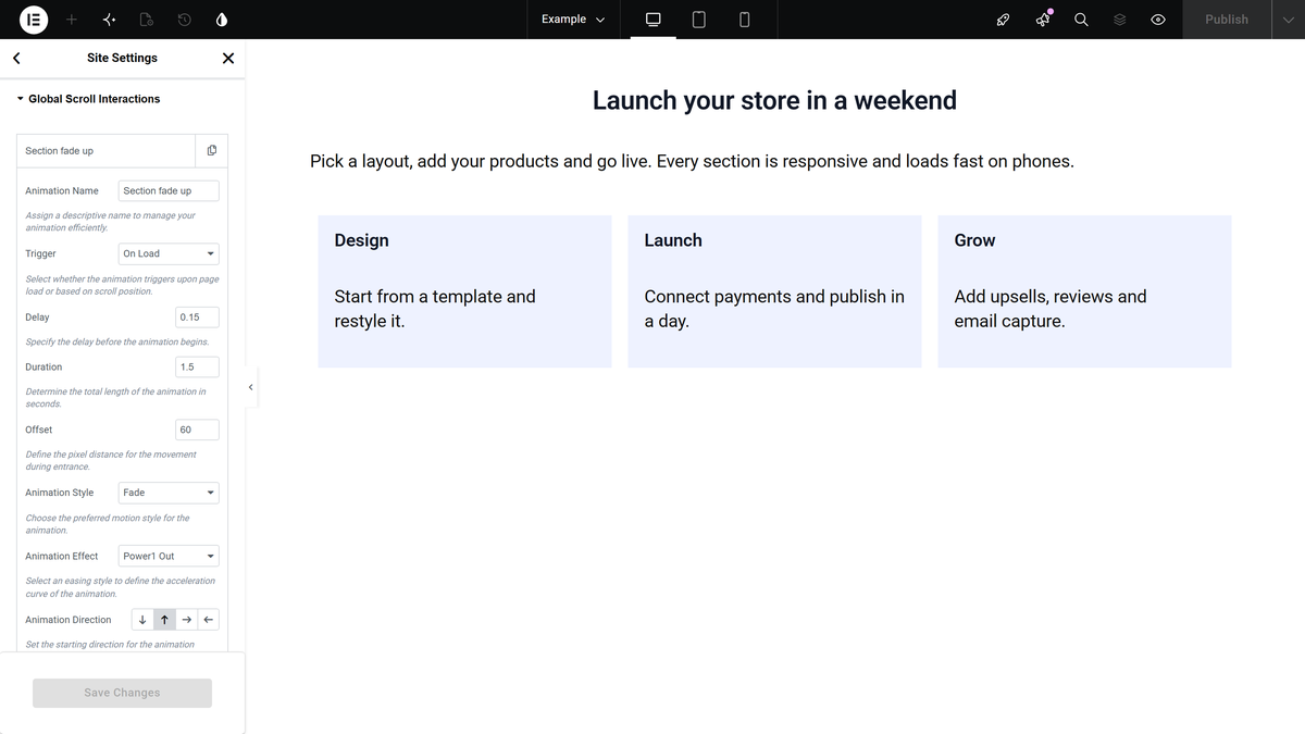 The global scroll interactions tab of elementor site settings with one saved animation open and its fields visible