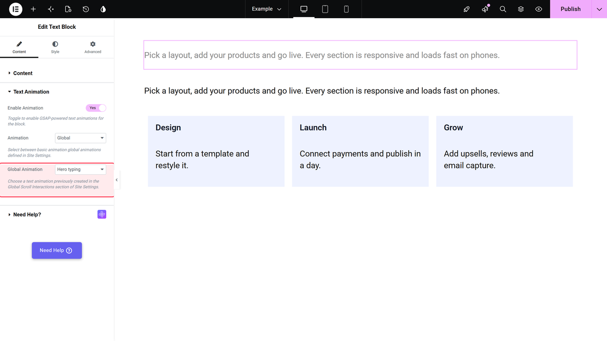 The text animation section of a text block widget with animation set to global and a saved animation chosen