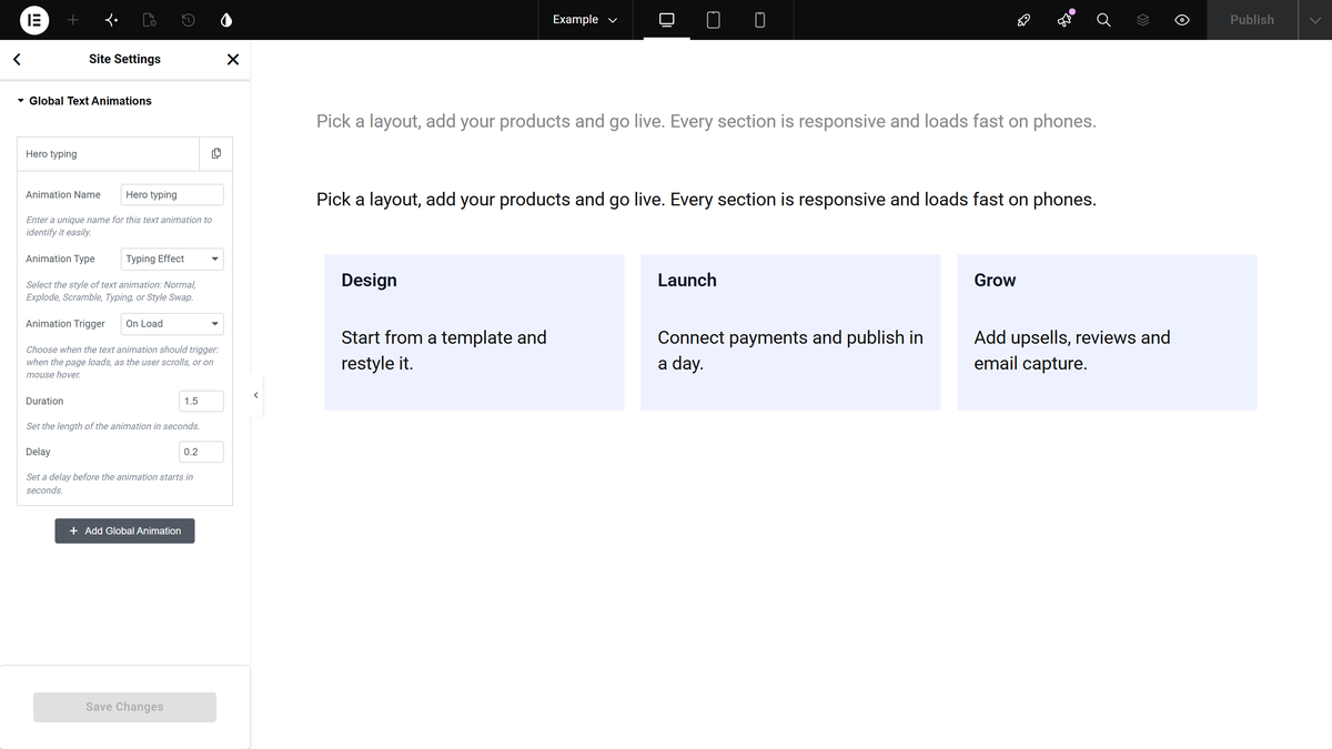 The global text animations tab of site settings with a saved animation open