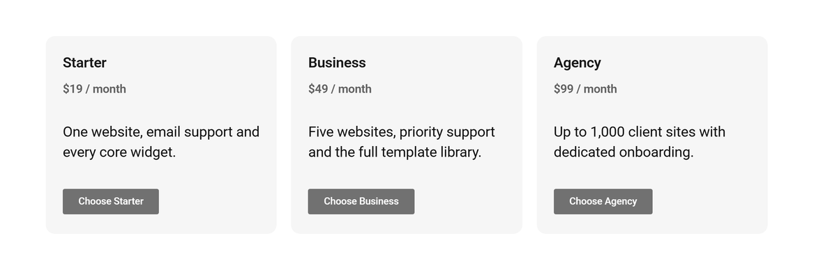 How to Use GSAP Animation in Elementor? Three pricing cards rendered fully grey at the start of a grayscale frame