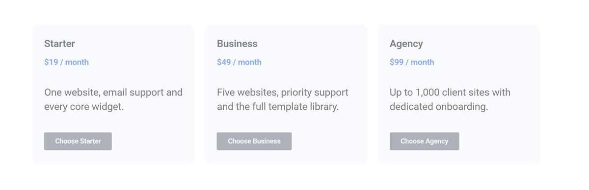 How to Use GSAP Animation in Elementor? Three pricing cards part-way through a basic fade animation, still slightly transparent