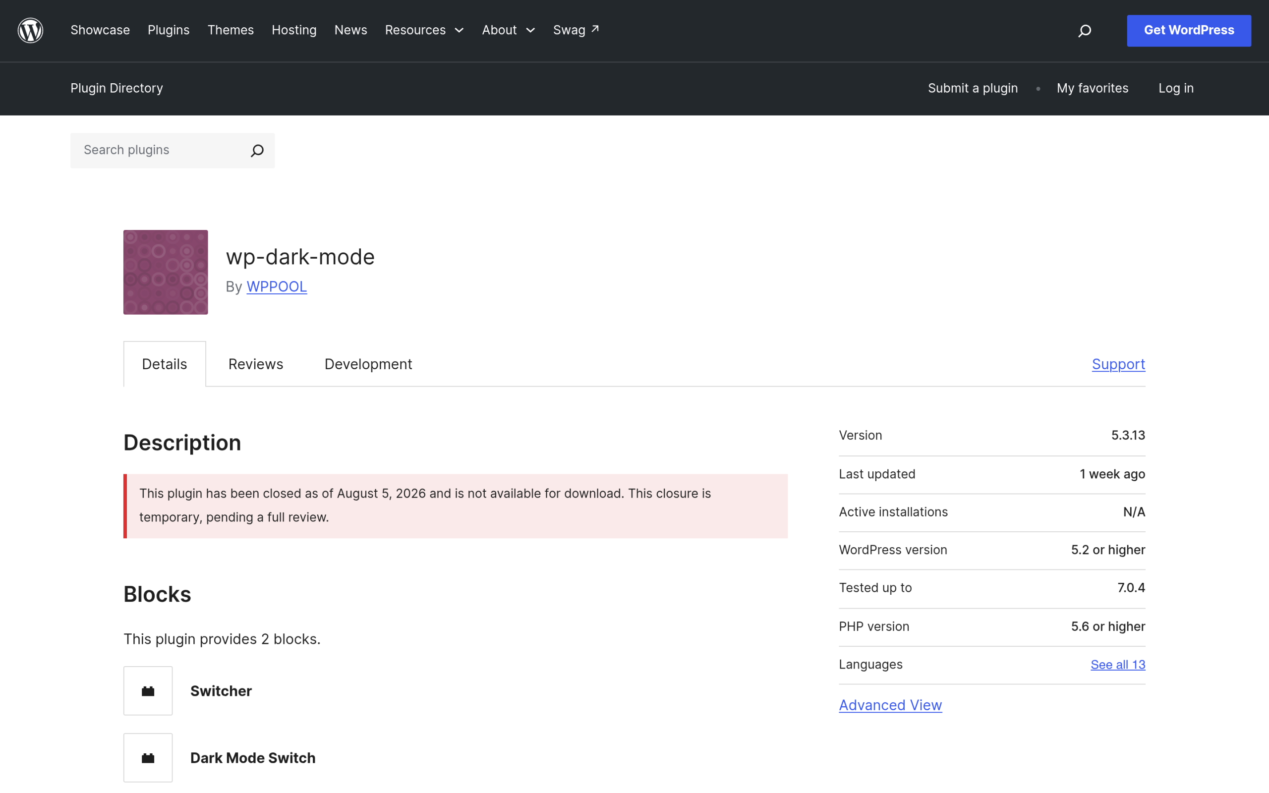 WordPress Dark Mode: How to Add a Site-Wide Light/Dark Toggle (With and Without Elementor) Wordpress. Org plugin page showing the wp dark mode plugin closed pending review