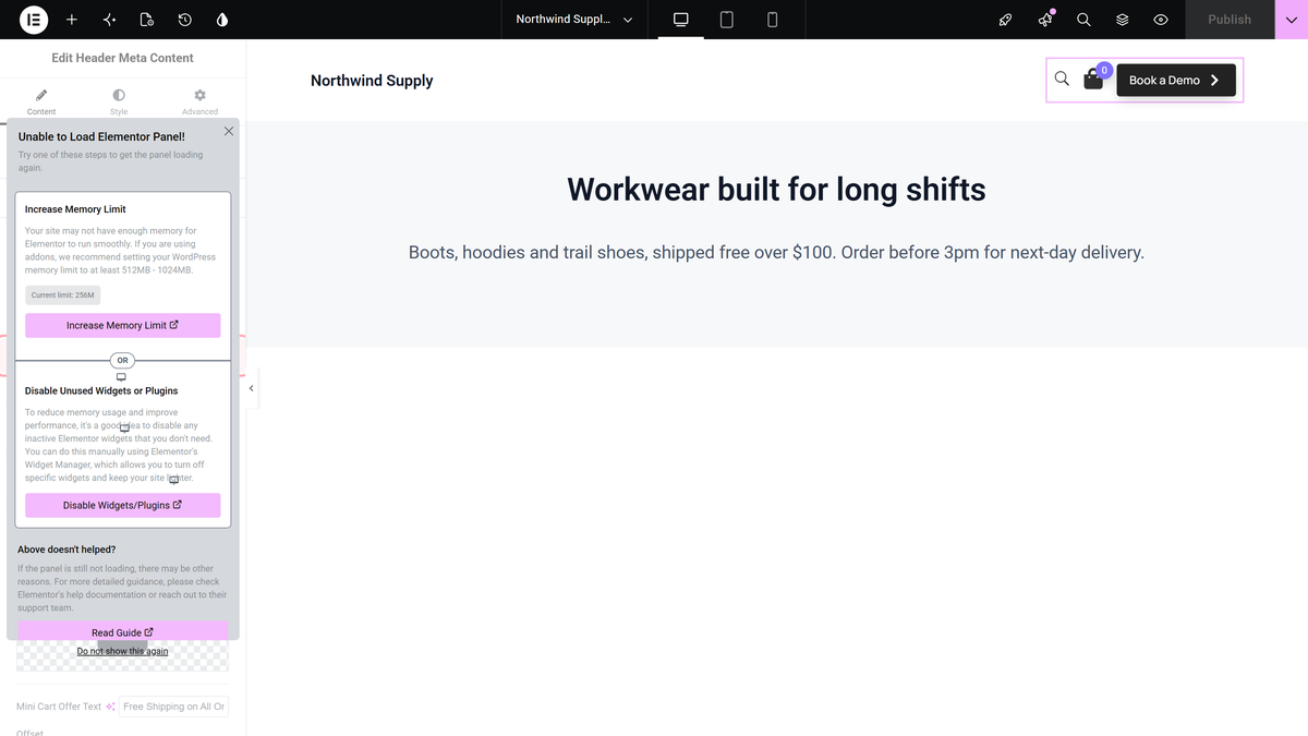 Toggle style dropdown in the cart options section