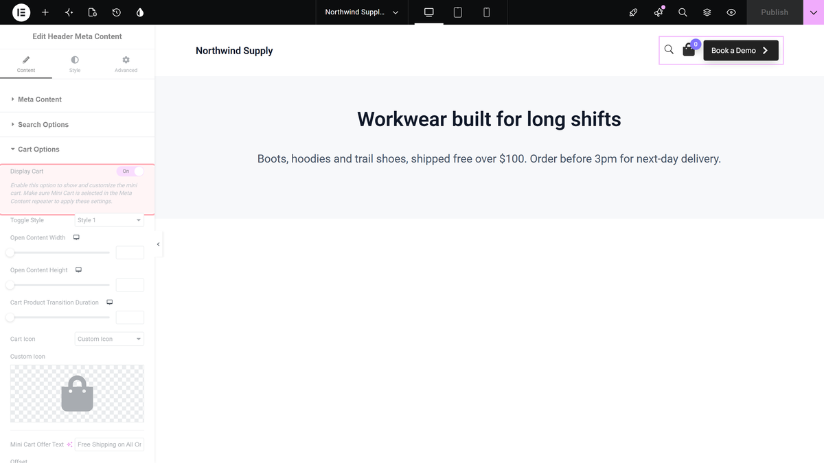 Display cart switched on in the cart options section
