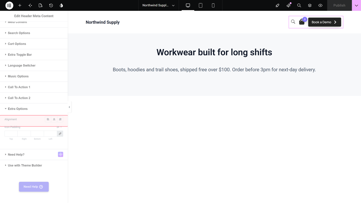 Header Meta Content Widget Settings Overview Alignment control in the extra options section of the header meta content widget