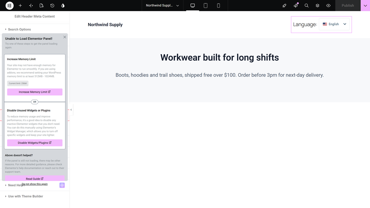 Before text field in the language switcher section