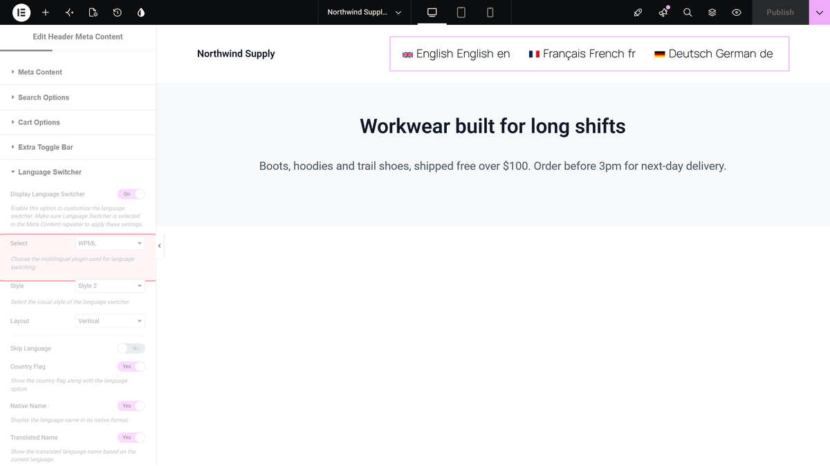 Display language switcher switched on with wpml chosen in the select dropdown