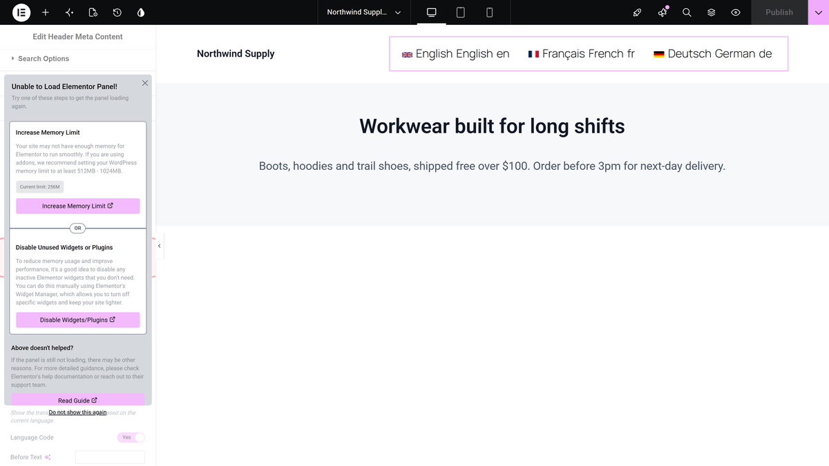 Style dropdown in the language switcher section