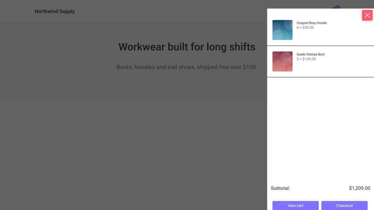 Off-canvas mini cart panel slid in from the right of the page, with the cart contents, subtotal and buttons