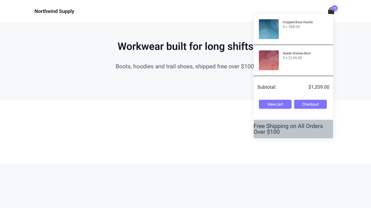 Mini cart popup open under the header cart icon, showing two products, the subtotal and the view cart and checkout buttons