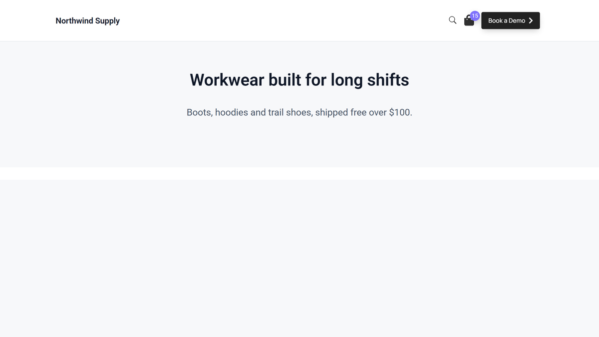 Header Meta Content Widget Settings Overview Search icon, mini cart and a call-to-action button rendered together in a site header
