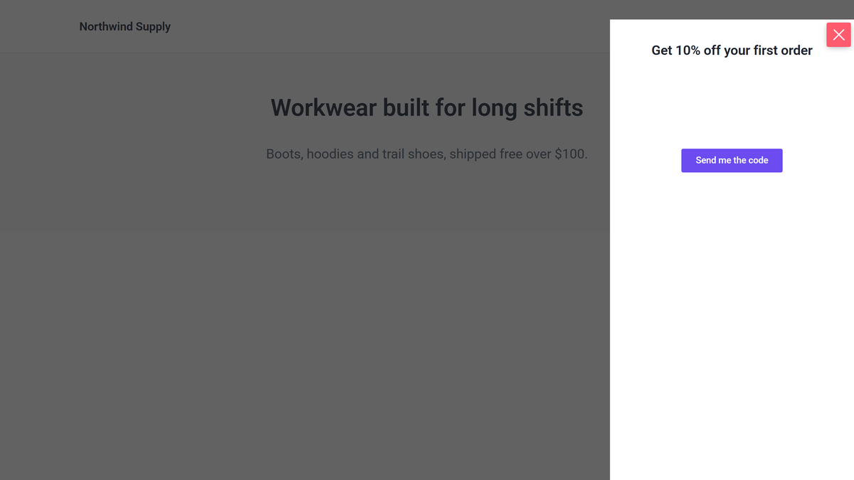 Off-canvas panel open over a dimmed page, showing the elementor template assigned to the header toggle button
