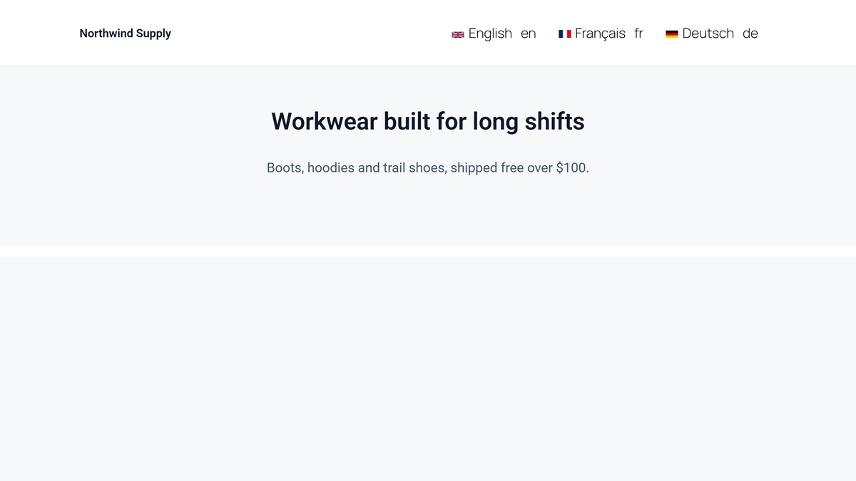 Language switcher in a site header showing english, french and german with their flags and language codes