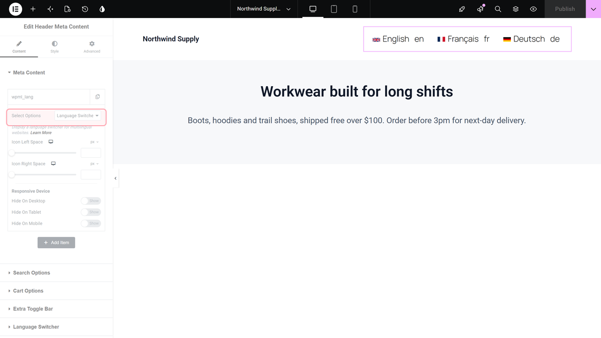 Select options set to language switcher in the header meta content widget's meta content repeater