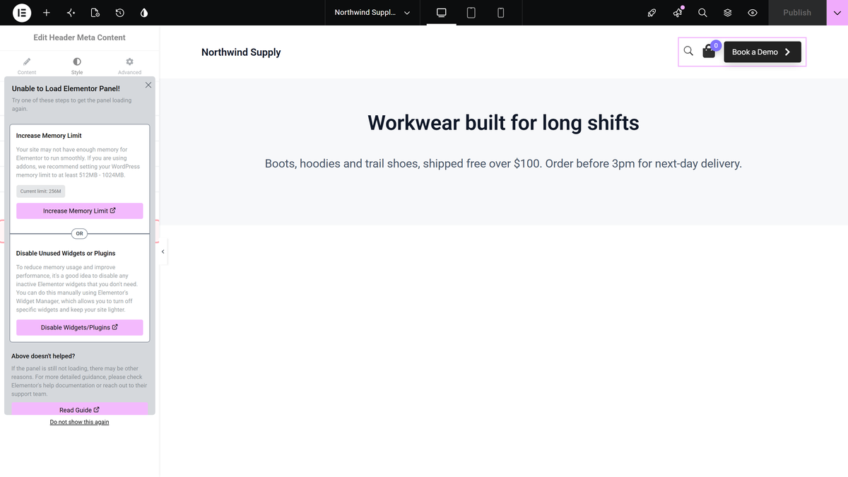 Header Meta Content Widget Settings Overview Style tab of the header meta content widget showing the per-item style sections