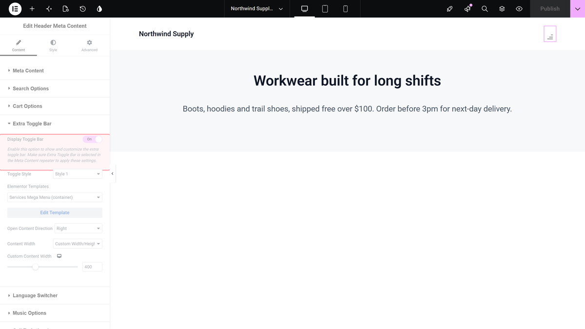 Display toggle bar switched on in the extra toggle bar section