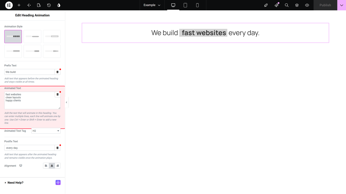 Prefix text, animated text with one phrase per line, and postfix text in the editor
