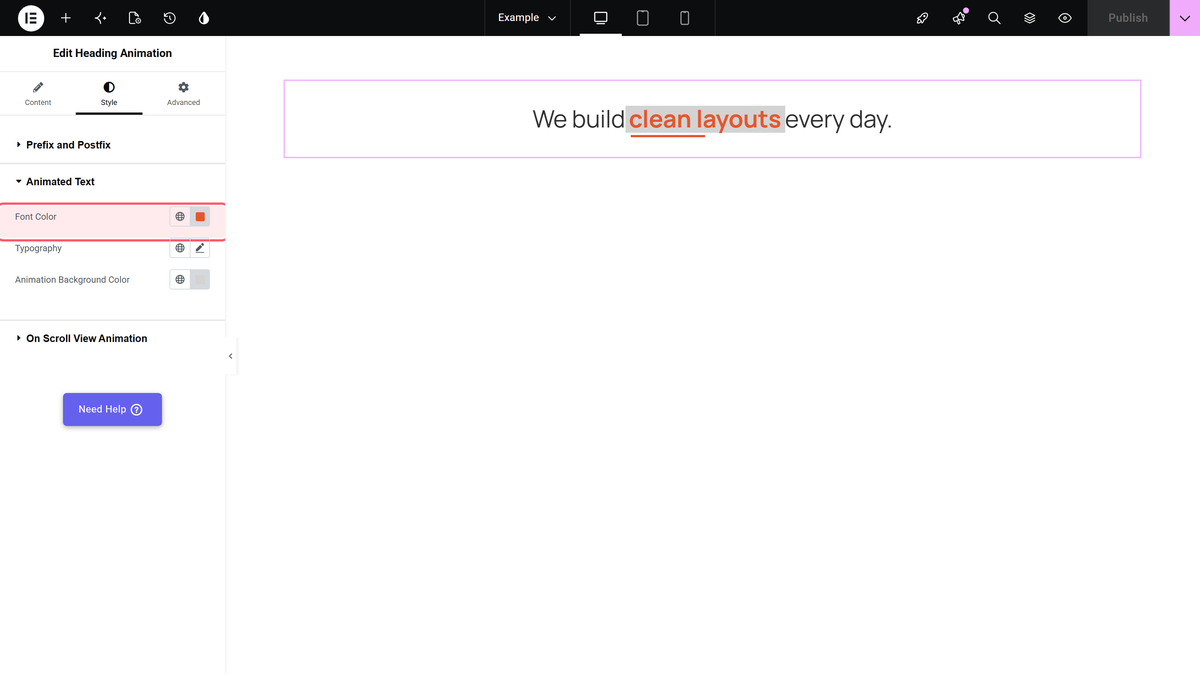 Style tab, animated text section, with font color set to orange and the style 4 underline showing