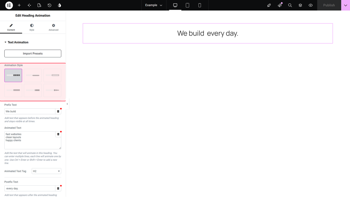 Text animation section with the six animation style tiles, style 1 selected