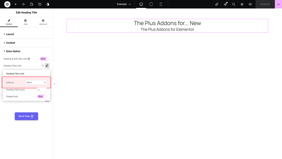 Heading Title Widget: Settings Overview The extra option section with heading and sub title limit on and limit on set to word