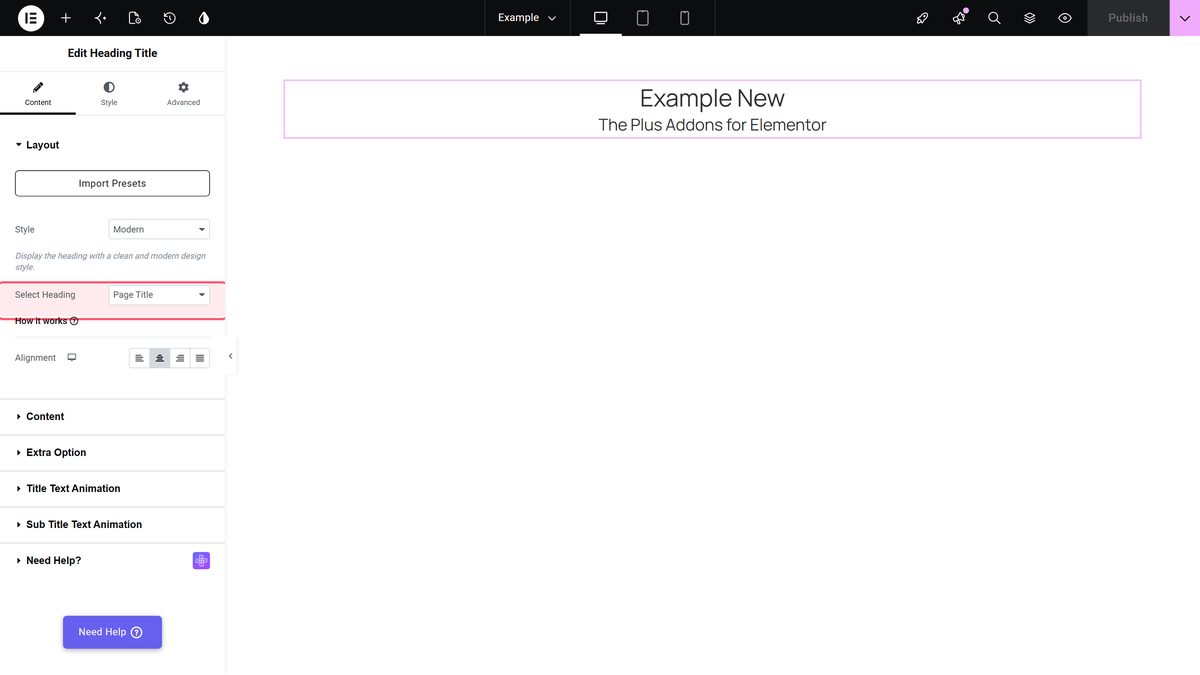 The layout section with select heading set to page title and the canvas showing the page's own title
