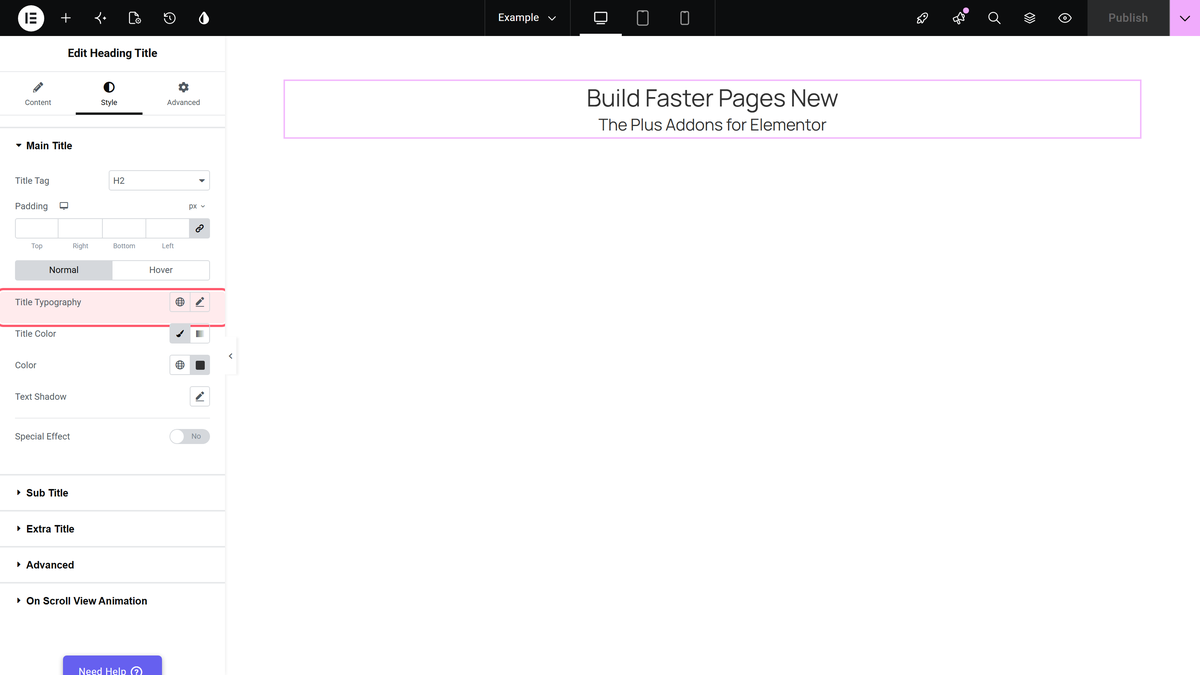Heading Title Widget: Settings Overview The style tab open on the main title section, showing title tag, padding and typography