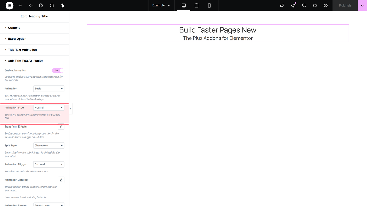 Heading Title Widget: Settings Overview The sub title text animation section, which carries the same controls as the title text animation section