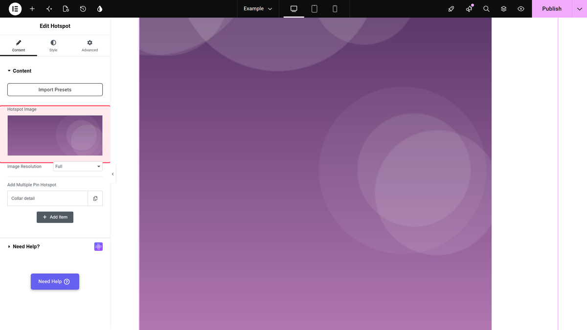 The hotspot widget's content section with hotspot image and add multiple pin hotspot.