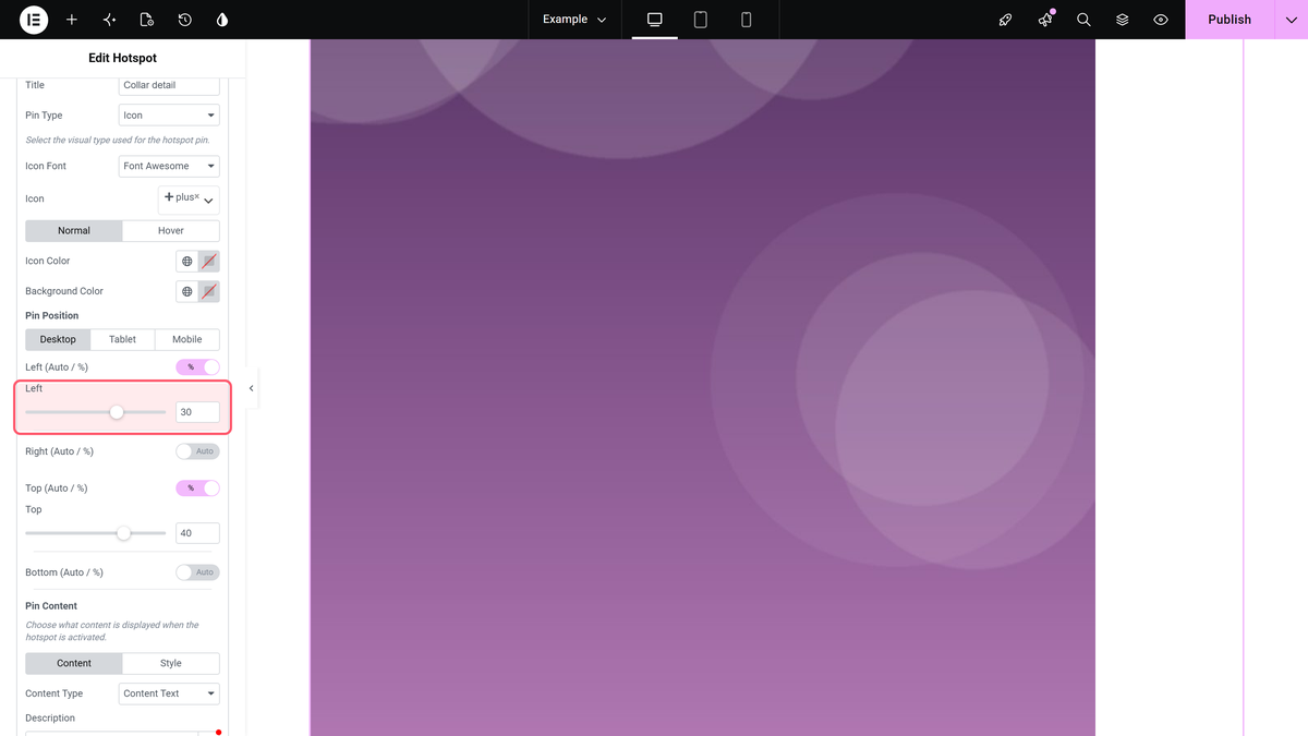 Pin position with the desktop left and top sliders.