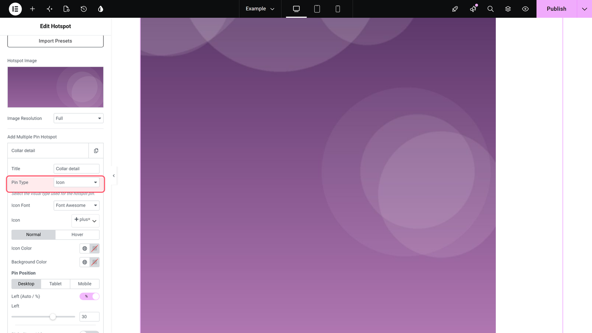 The pin type dropdown with icon, image, text and lottie.