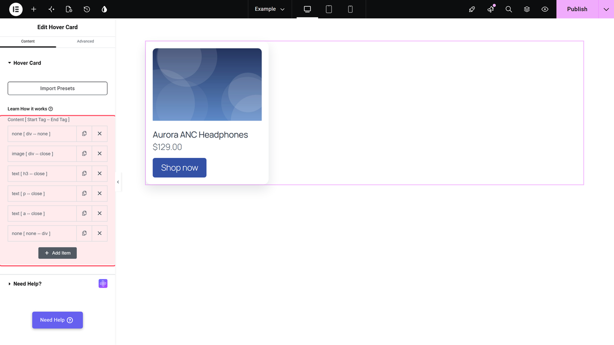 Hover Card Elementor Widget: Settings Overview Hover card section with the list of rows and the add item button, and the product card they build on the canvas