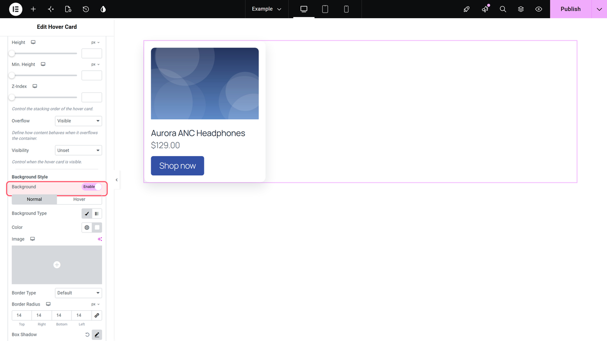 How to Create a Custom Layout With the Hover Card in Elementor? Background switched on for the card row with the normal tab settings
