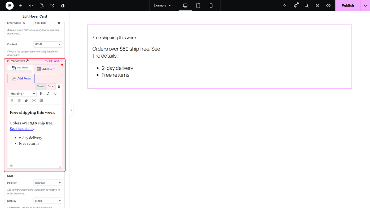Html content editor of a hover card row with a heading, a paragraph with a link and a two-item list