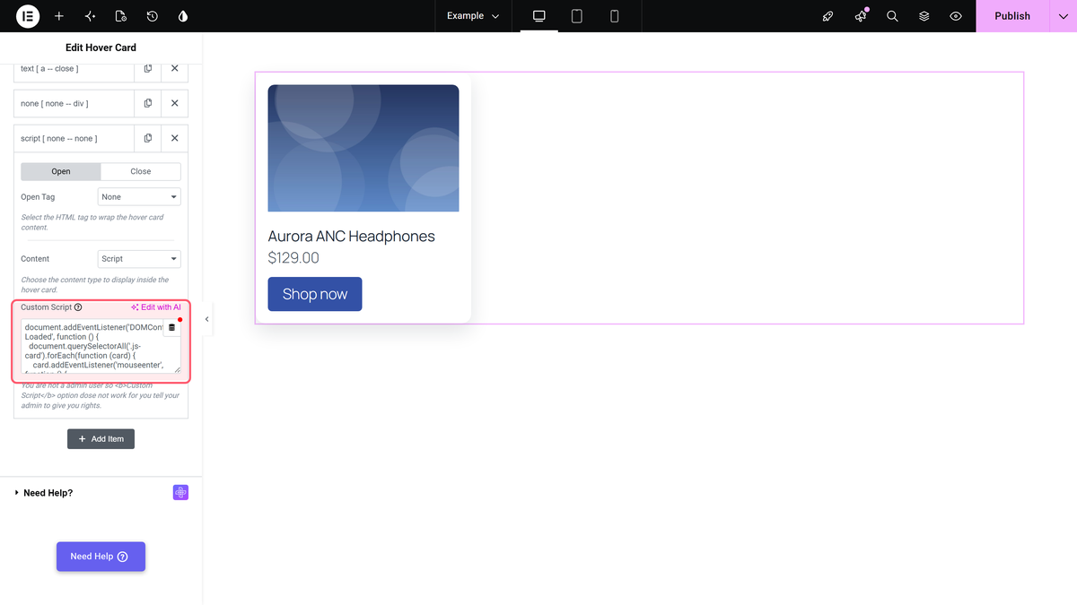A hover card row with content set to script and a domcontentloaded listener in the custom script field