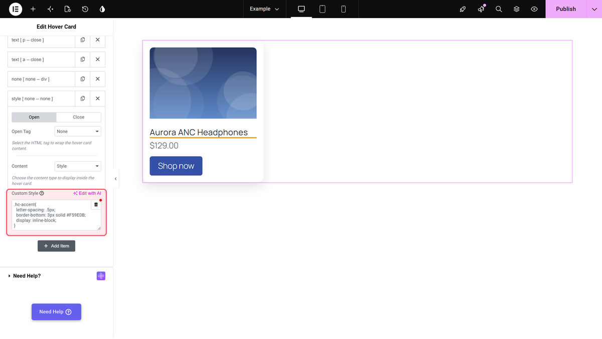 A hover card row with content set to style and css for the hc-accent class in the custom style field