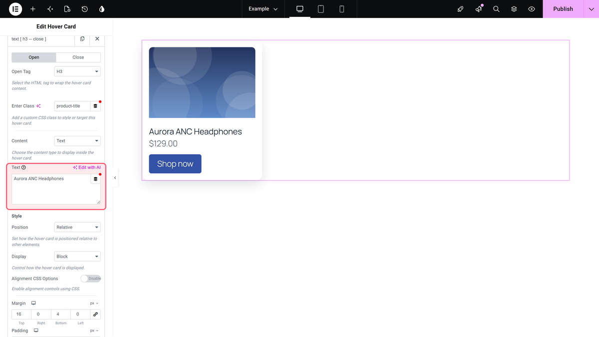 A hover card row with open tag h3, content set to text and the product title in the text field
