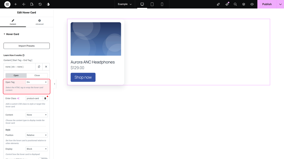 Hover Card Elementor Widget: Settings Overview Open tab of a row with open tag set to div and the class product-card in enter class